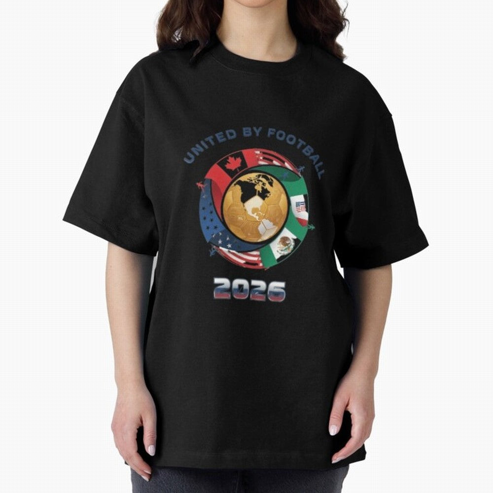 United By Football 2026 Oversized T-Shirt Honor Football Greatness during Global Football Passion for FIFA World Cup 2026 USA Canada Mexico, Celebrating Messi, CR7 and Mbappe, Portugal, Spain and Germany, Sports Nostalgia, International
