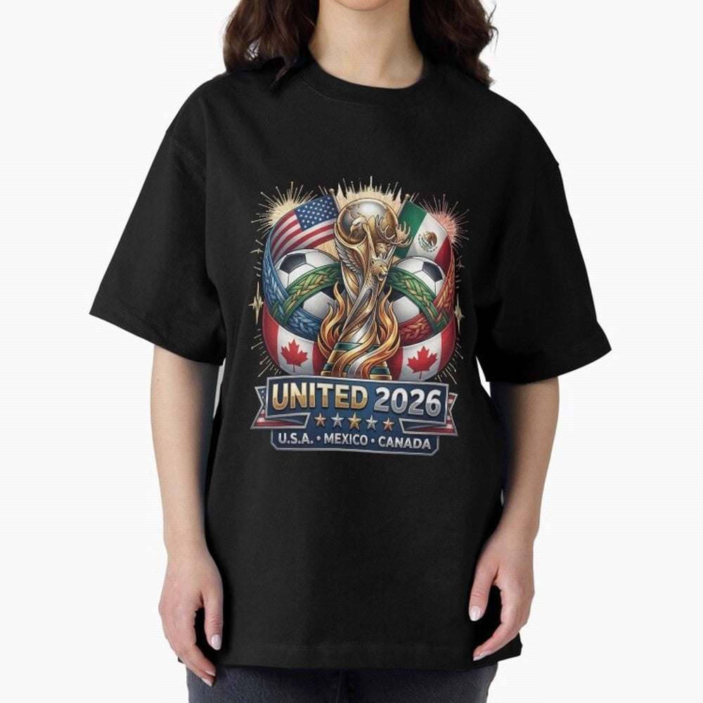 United 2026 Soccer Nations Trophy - USA Mexico Canada Mascot Art Oversized T-Shirt Follow Every Goal of Match Day Hype around FIFA World Cup 2026 Group Stage, CR7, Spain, Game Day Rituals, Football Legends, Country Pride and the Road to the Final;