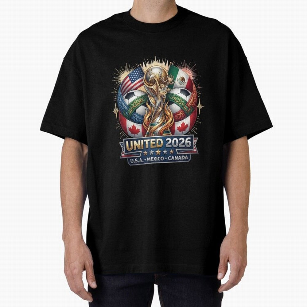 United 2026 Soccer Nations Trophy - USA Mexico Canada Mascot Art Oversized T-Shirt Follow Every Goal of Match Day Hype around FIFA World Cup 2026 Group Stage, CR7, Spain, Game Day Rituals, Football Legends, Country Pride and the Road to the Final;