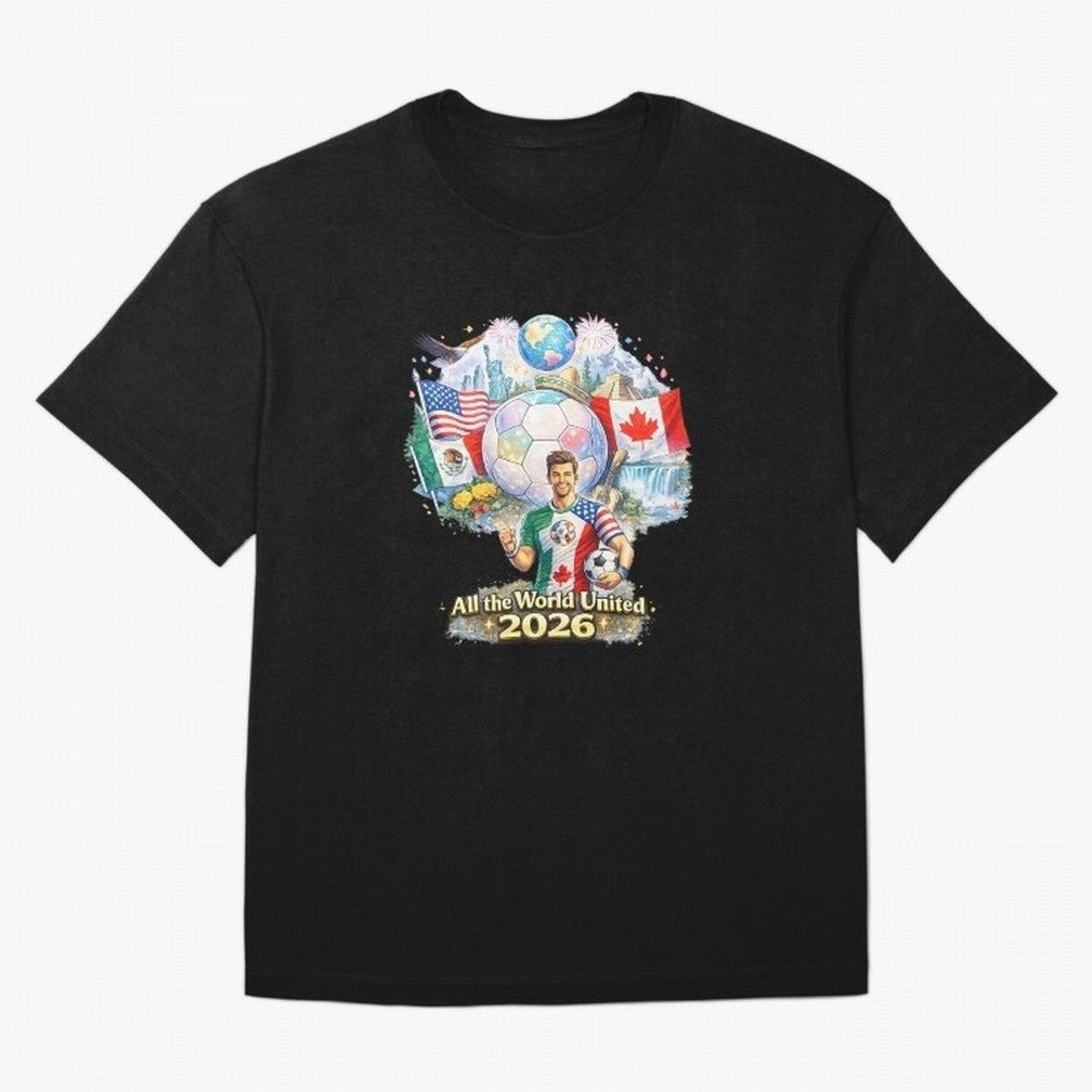 All The World United 2026 Football Design Oversized T-Shirt Celebrate Global Passion for FIFA World Cup 2026 USA Canada Mexico Centered on Messi and Cristiano Ronaldo, Brazil Energy, Classic Soccer Heritage, Championship Pressure, Fan Loyalty and