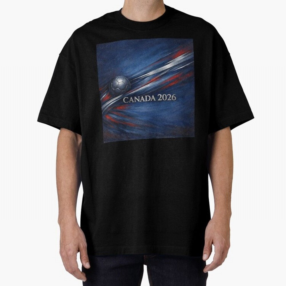 Canada 2026 Soccer Theme with silver lines Oversized T-Shirt Back the Journey through FIFA World Cup 2026 USA Canada Mexico Built around Mbappe and Neymar, Brazil, Portugal and Argentina Energy, Champion Mindset, Group Stage Buzz, Knockout Tension