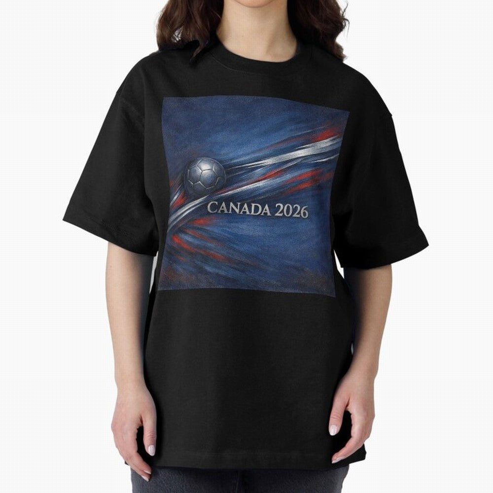 Canada 2026 Soccer Theme with silver lines Oversized T-Shirt Back the Journey through FIFA World Cup 2026 USA Canada Mexico Built around Mbappe and Neymar, Brazil, Portugal and Argentina Energy, Champion Mindset, Group Stage Buzz, Knockout Tension