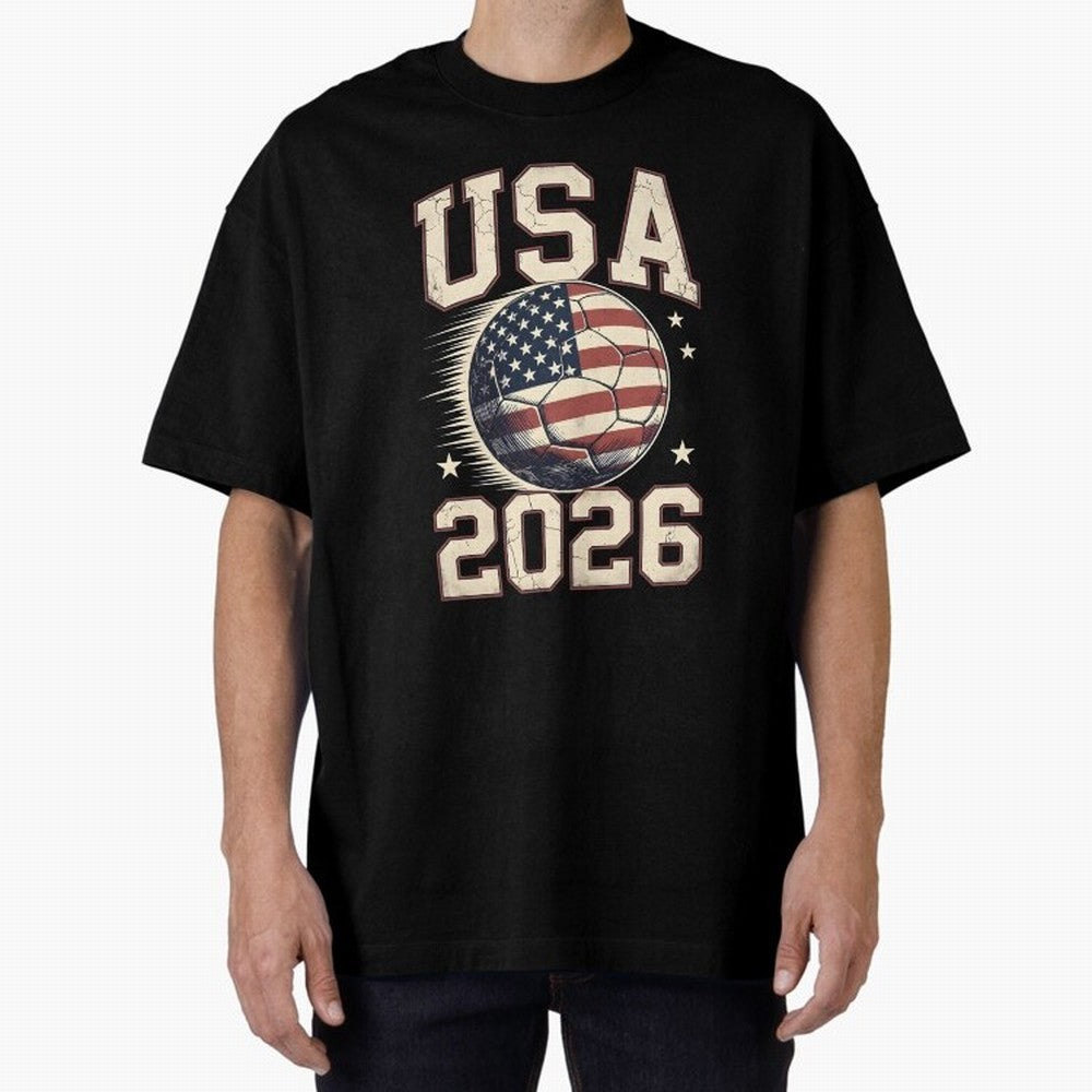 USA 2026 World Cup Soccer Oversized T-Shirt Support FIFA World Cup 2026 Group Stage Centered on Haaland and Mbappe, Spain and Netherlands Energy, Football Festival Excitement, Trophy Ambitions, Country Rivalries and Star Player Buzz; Ideal for
