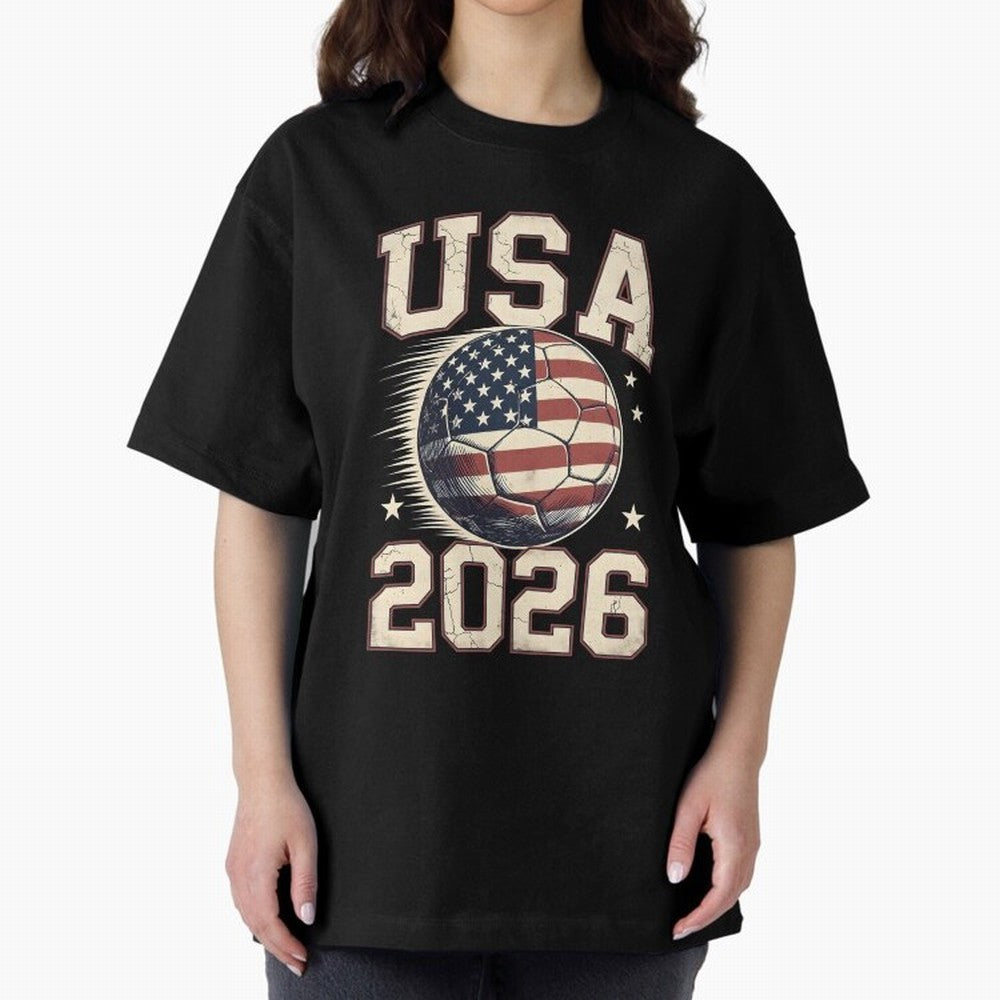 USA 2026 World Cup Soccer Oversized T-Shirt Support FIFA World Cup 2026 Group Stage Centered on Haaland and Mbappe, Spain and Netherlands Energy, Football Festival Excitement, Trophy Ambitions, Country Rivalries and Star Player Buzz; Ideal for