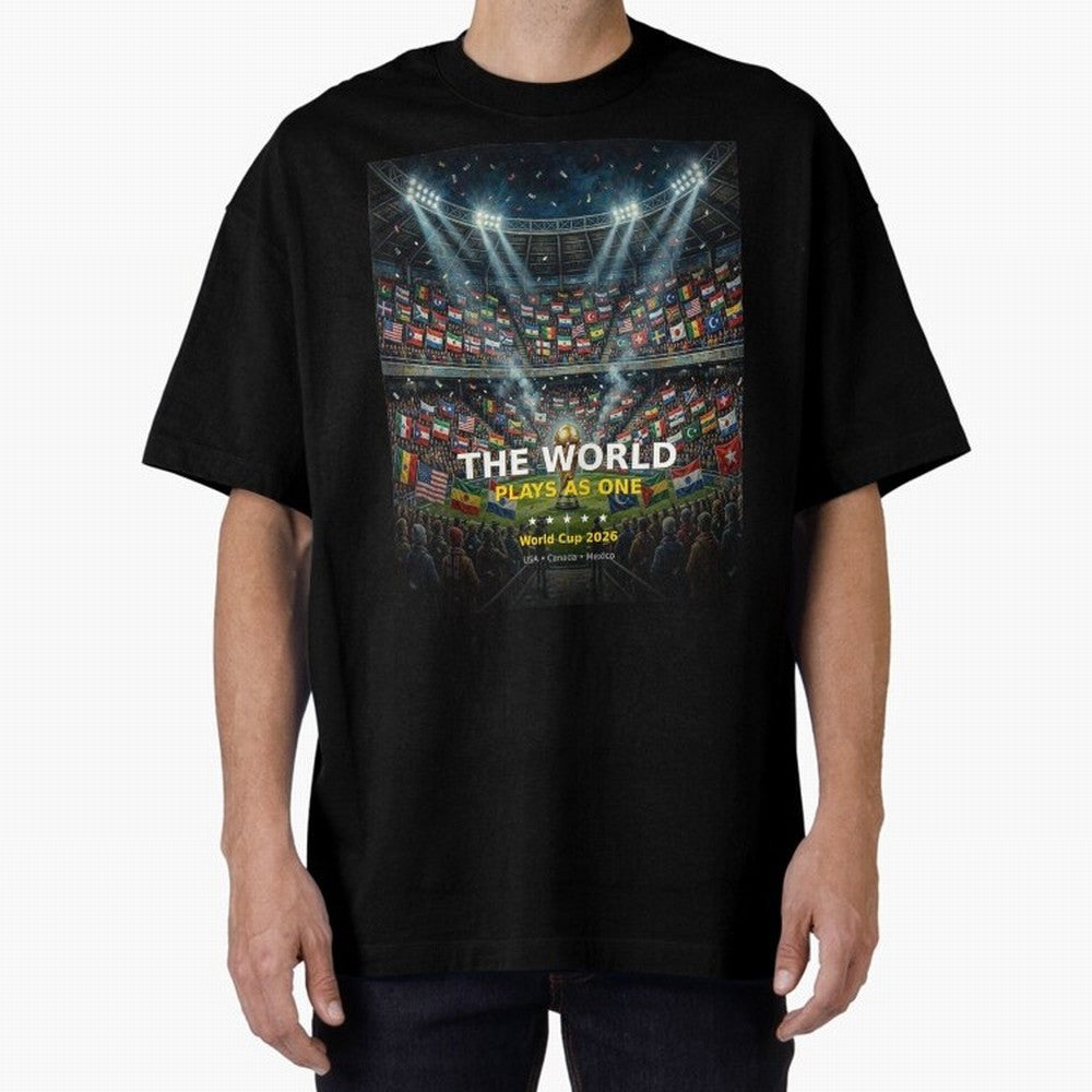 The World Plays As One - World Cup 2026 Soccer Fan Tee Oversized T-Shirt Bring Retro Soccer Energy to FIFA World Cup 2026 USA Canada Mexico Spirit, Connected to Spain and Netherlands, CR7, Tournament Hype, Historic Matchups, Family Viewing Parties