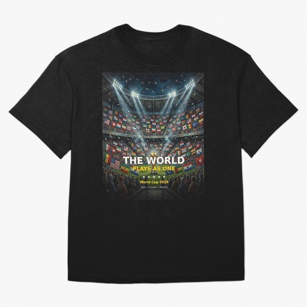 The World Plays As One - World Cup 2026 Soccer Fan Tee Oversized T-Shirt Bring Retro Soccer Energy to FIFA World Cup 2026 USA Canada Mexico Spirit, Connected to Spain and Netherlands, CR7, Tournament Hype, Historic Matchups, Family Viewing Parties