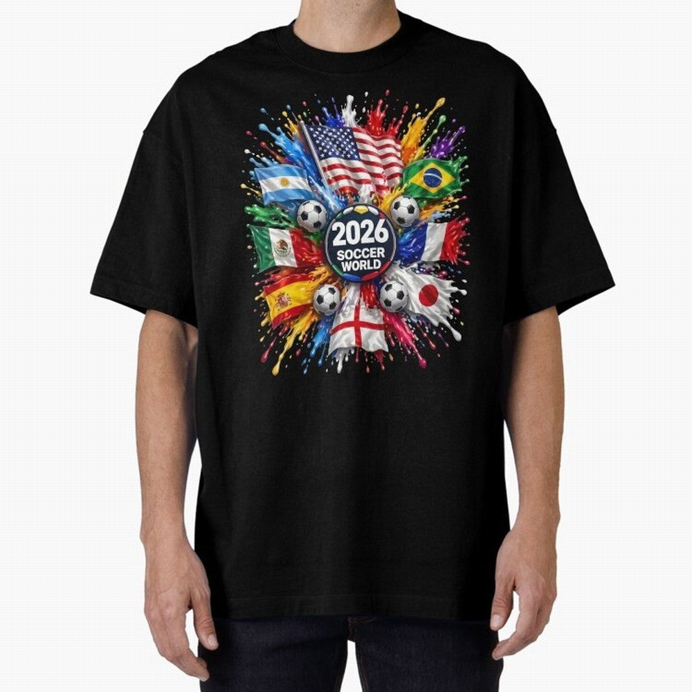 2026 Soccer World Flags USA Mexico Canada Football Paint Splash Graphic Oversized T-Shirt Celebrate the Stars of Global Football Passion for FIFA World Cup 2026 Group Stage, Driven by CR7 and Messi, Germany, Soccer Culture, Superstar Moments,
