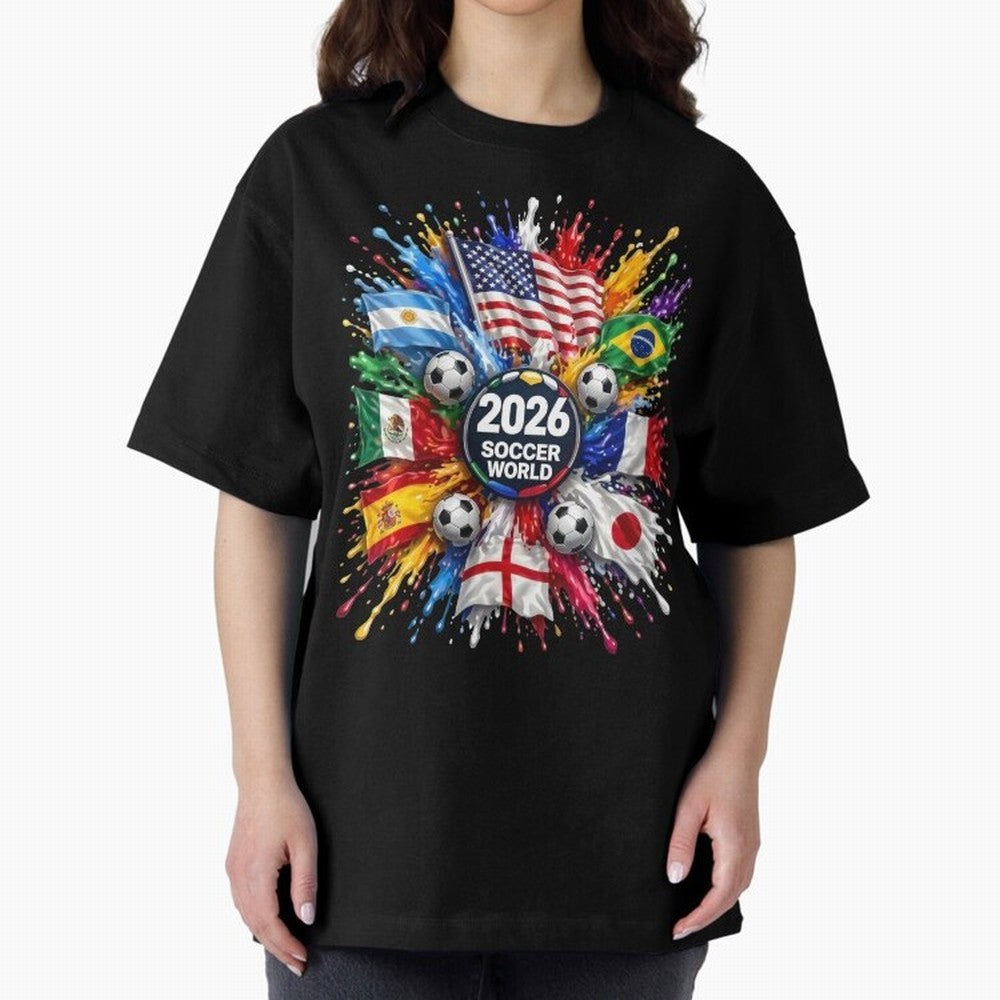 2026 Soccer World Flags USA Mexico Canada Football Paint Splash Graphic Oversized T-Shirt Celebrate the Stars of Global Football Passion for FIFA World Cup 2026 Group Stage, Driven by CR7 and Messi, Germany, Soccer Culture, Superstar Moments,