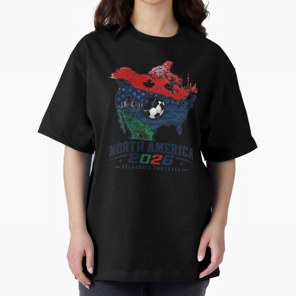 United by Football 2026 North America Soccer Design Oversized T-Shirt Make Your Look Match FIFA World Cup 2026 USA Canada Mexico for Fans of Mbappe and Neymar and Portugal, Spain and Germany, Bringing Football Passion, Legendary Performances,