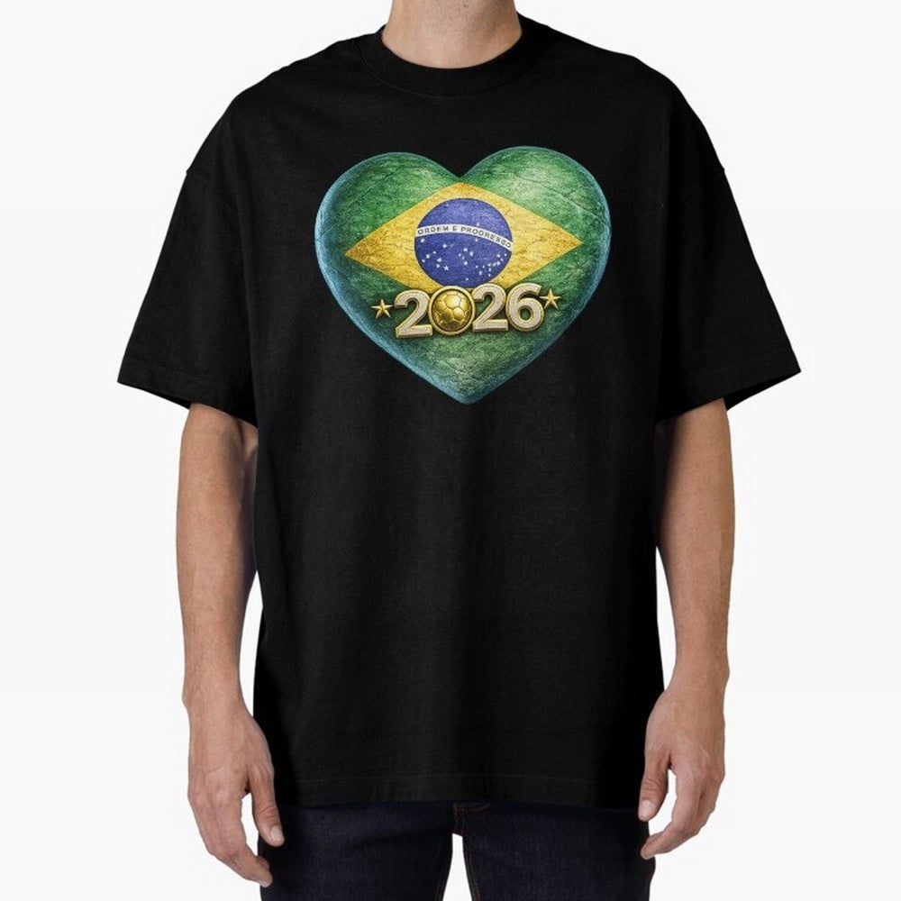 Brazil 2026 World Football Heart Flag Designs Oversized T-Shirt Bring Champion Energy into FIFA World Cup 2026 USA Canada Mexico Inspired by CR7 and Messi, England, France and Netherlands Energy, Stadium Memories, Football Loyalty, International