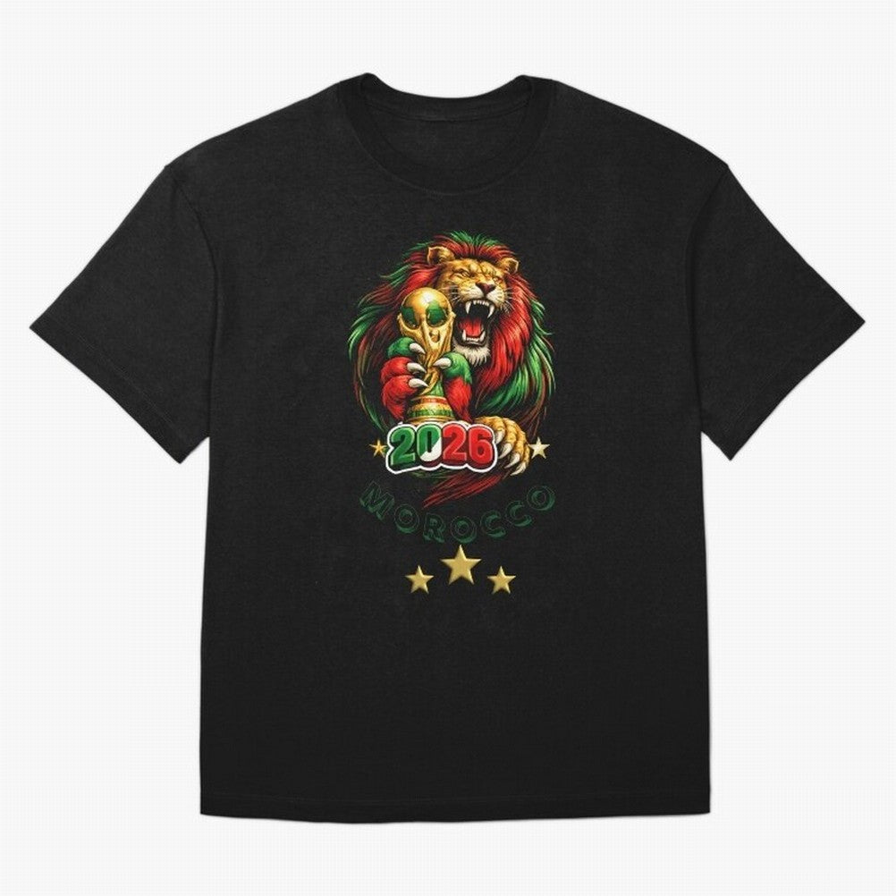 Moroccan Lion World Cup 2026 Design Oversized T-Shirt Celebrate Classic Football Spirit in FIFA World Cup 2026 for Fans of CR7 and Messi and England and Germany, Bringing Football History, Final Match Energy, Crowd Noise and Once in a Lifetime
