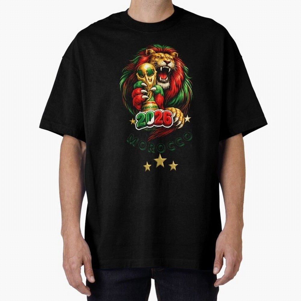 Moroccan Lion World Cup 2026 Design Oversized T-Shirt Celebrate Classic Football Spirit in FIFA World Cup 2026 for Fans of CR7 and Messi and England and Germany, Bringing Football History, Final Match Energy, Crowd Noise and Once in a Lifetime