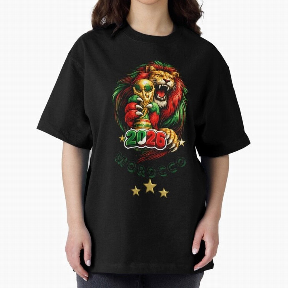 Moroccan Lion World Cup 2026 Design Oversized T-Shirt Celebrate Classic Football Spirit in FIFA World Cup 2026 for Fans of CR7 and Messi and England and Germany, Bringing Football History, Final Match Energy, Crowd Noise and Once in a Lifetime