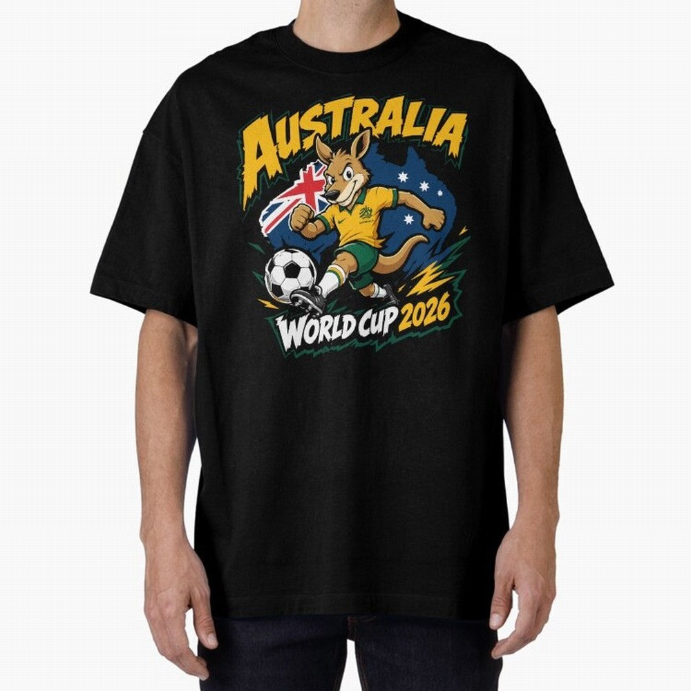 Australia World Cup 2026 Kangaroo Soccer Fan Art Oversized T-Shirt Feel the Trophy Chase of Global Football Passion for FIFA World Cup 2026 Group Stage, Inspired by CR7, England and Germany, Vintage Soccer Flavor, Modern Football Stars, National