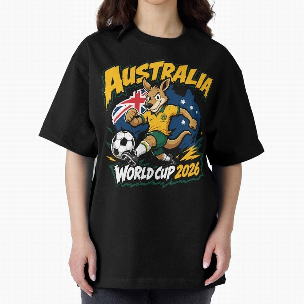 Australia World Cup 2026 Kangaroo Soccer Fan Art Oversized T-Shirt Feel the Trophy Chase of Global Football Passion for FIFA World Cup 2026 Group Stage, Inspired by CR7, England and Germany, Vintage Soccer Flavor, Modern Football Stars, National