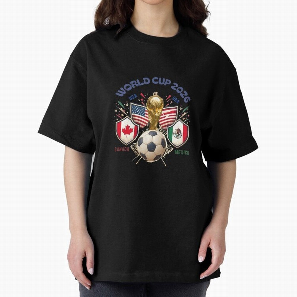 World Cup 2026 Host Nations Crest Oversized T-Shirt Share Global Football Passion for FIFA World Cup 2026, Highlighting Cristiano Ronaldo, Netherlands, Football Festival Excitement, Trophy Ambitions, Country Rivalries and Star Player Buzz; Perfect
