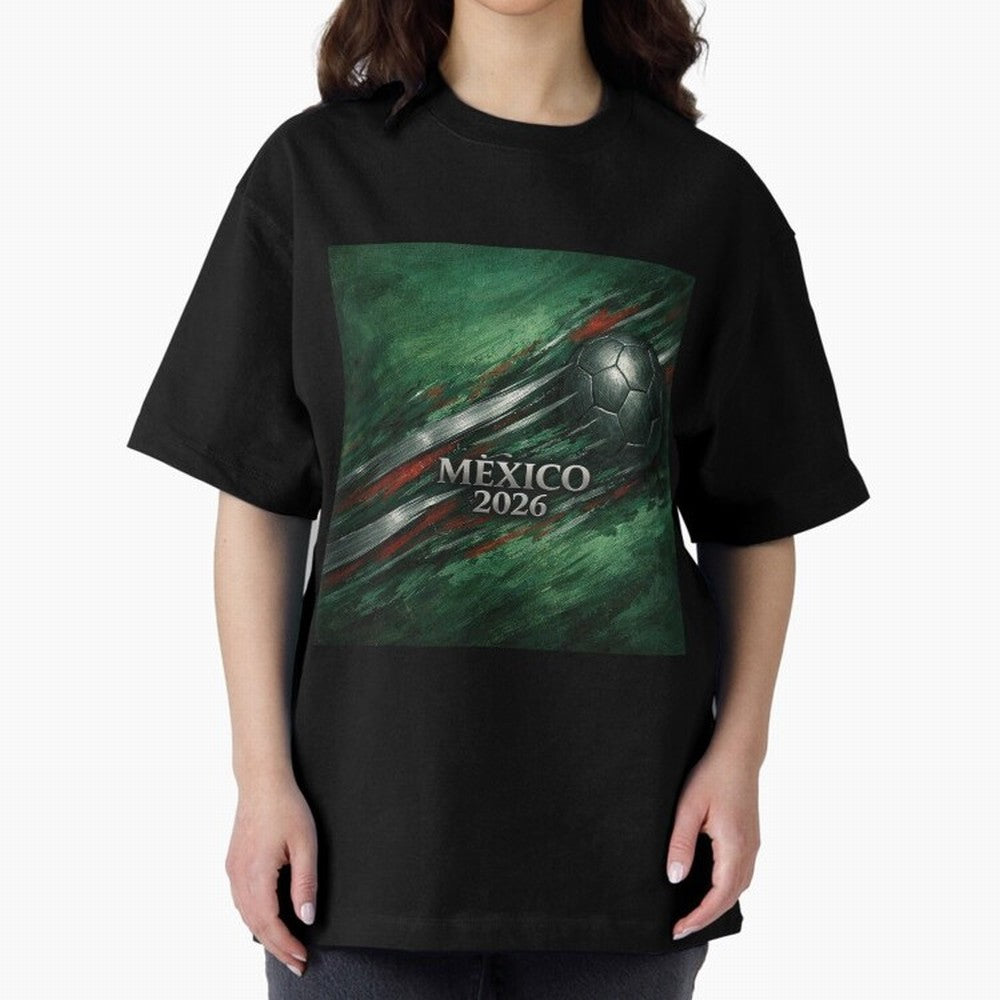 Mexico 2026 Football with Metallic Silver Line Oversized T-Shirt Bring Trophy Dreams to Match Day Hype around FIFA World Cup 2026 Group Stage, Neymar, Haaland and Cristiano Ronaldo, Spain and Netherlands, Sports Nostalgia, International