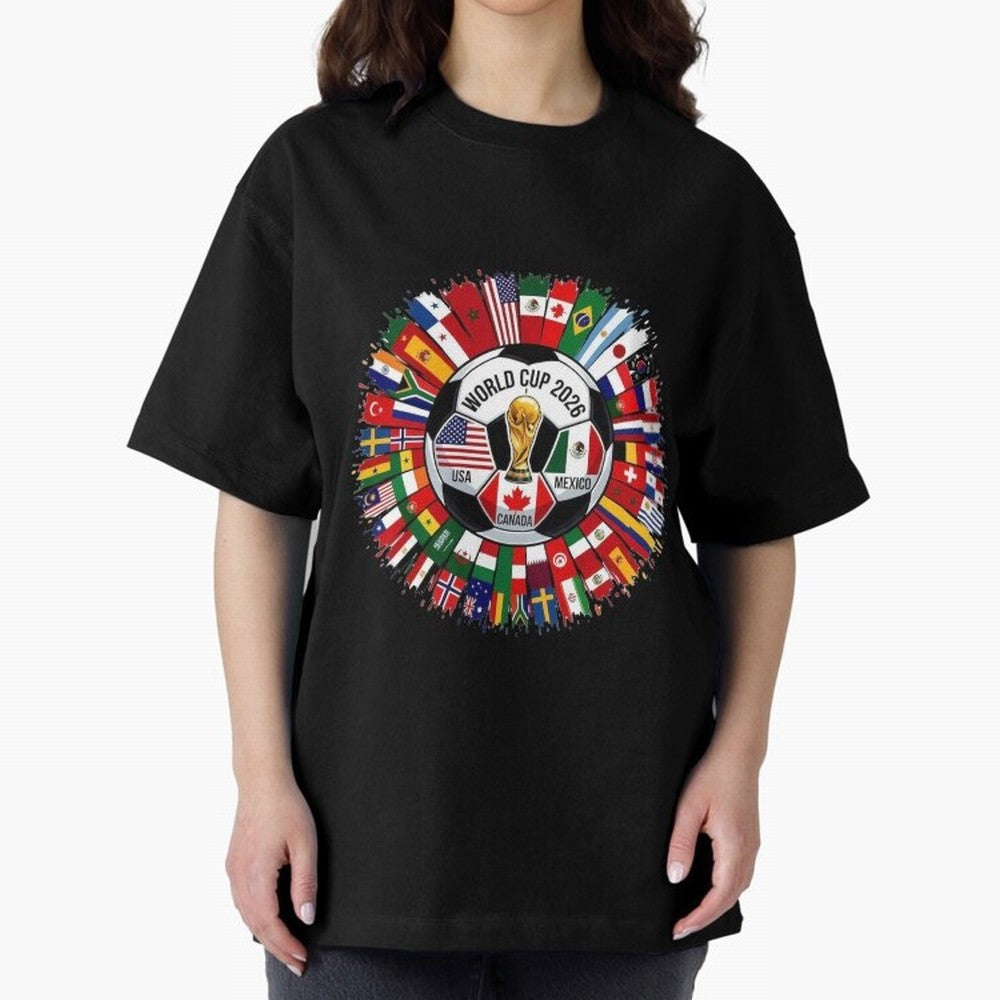 USA Canada Mexico 2026 Football Celebration Fan Art Oversized T-Shirt Embrace Global Football Passion for FIFA World Cup 2026 Group Stage, Featuring Cristiano Ronaldo, Argentina, Worldwide Fan Energy, Dramatic Goals, Stadium Lights and Championship