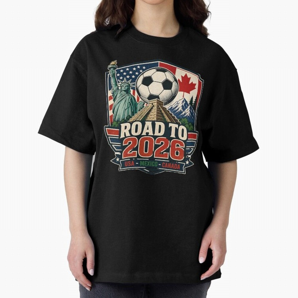Road to 2026 USA Mexico Canada Soccer Design Oversized T-Shirt Bring Match Day Fire to FIFA World Cup 2026 Group Stage Spirit, Featuring Argentina and Brazil, Mbappe, Match Day Excitement, Supporter Culture, Golden Goals and Global Football