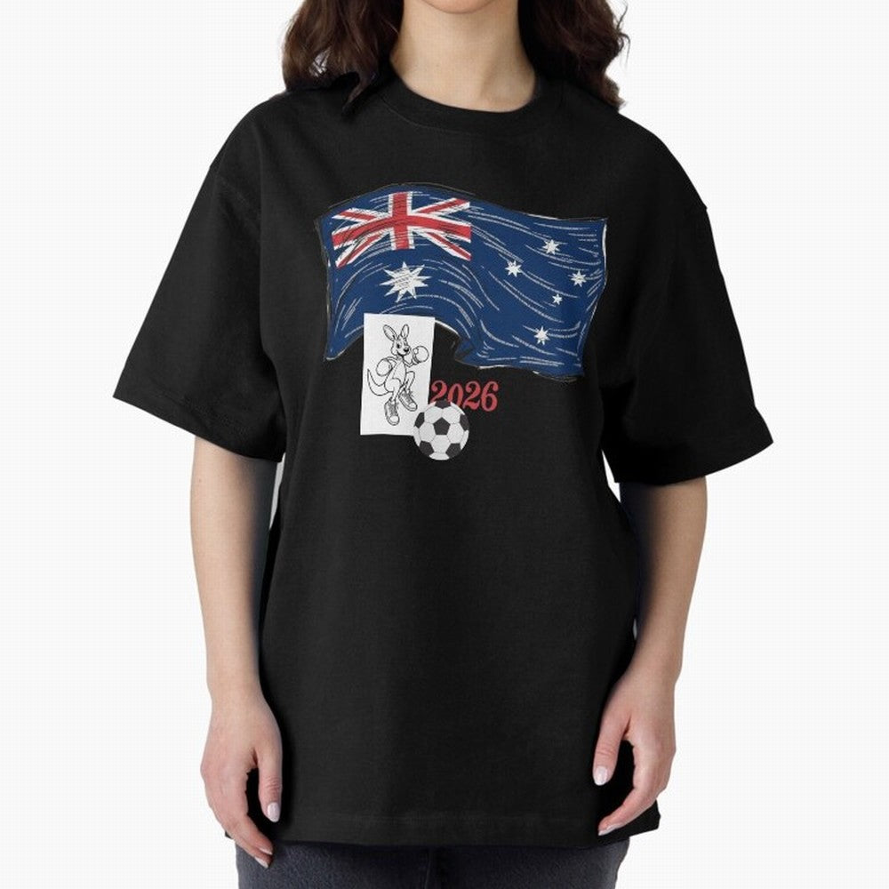 Australia 2026 Soccer Pride - Boxing Kangaroo & Dynamic Waving Flag. Oversized T-Shirt Celebrate Global Passion for FIFA World Cup 2026 USA Canada Mexico Highlighting Haaland, England and Germany Energy, Soccer Culture, Superstar Moments, National