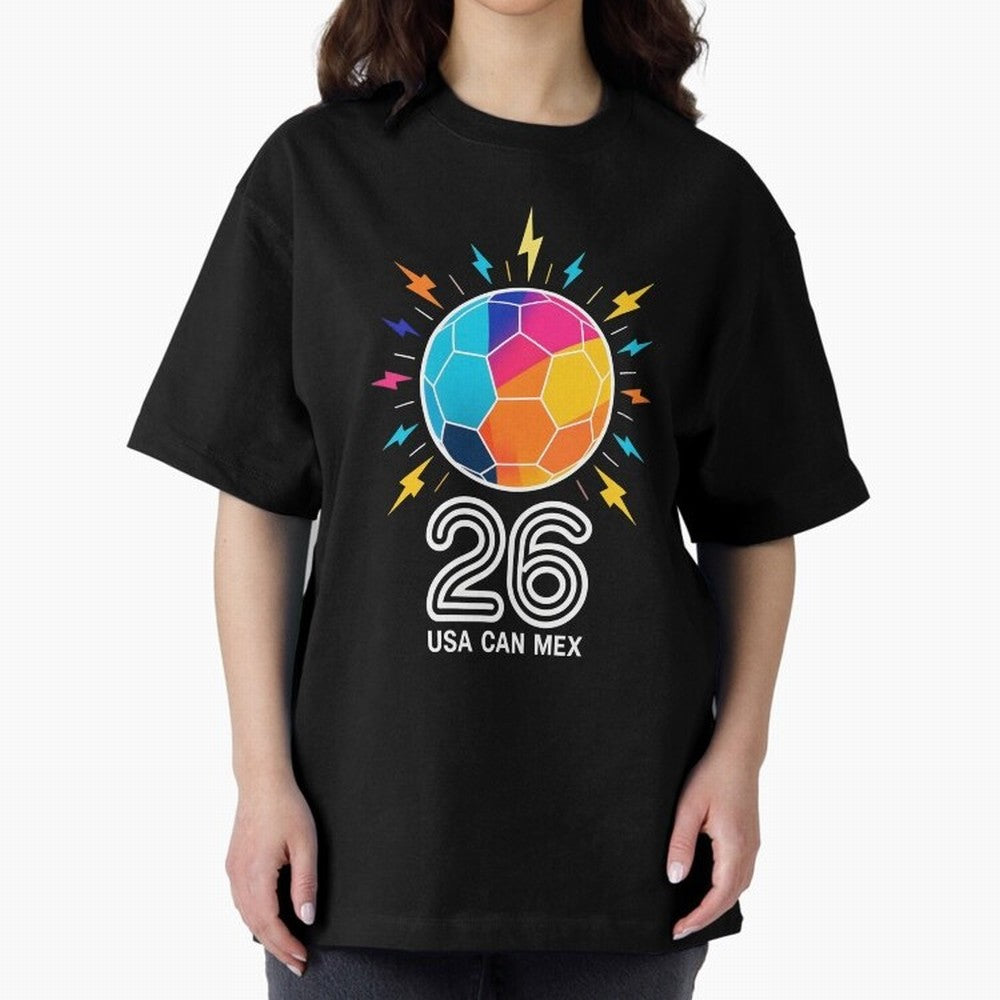 2026 Colorful Soccer Ball USA Canada Mexico 26 Oversized T-Shirt Bring Supporter Culture to Match Day Hype around FIFA World Cup 2026 USA Canada Mexico, Haaland and Mbappe, England, Worldwide Fan Energy, Dramatic Goals, Stadium Lights and