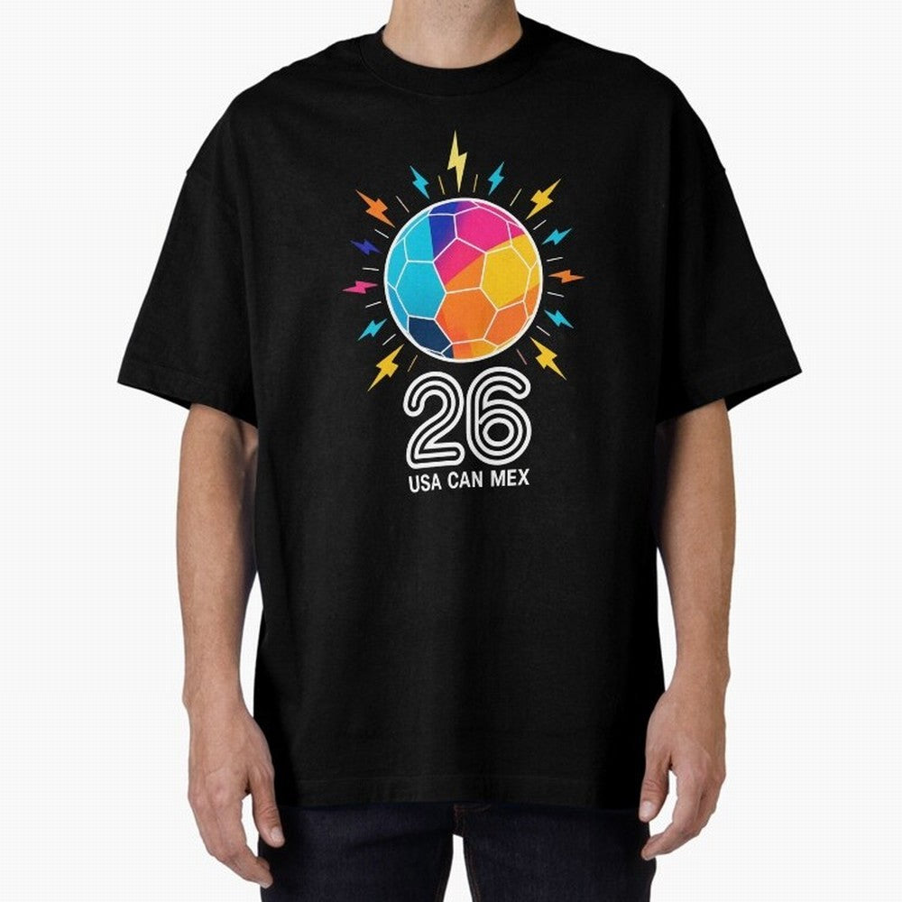 2026 Colorful Soccer Ball USA Canada Mexico 26 Oversized T-Shirt Bring Supporter Culture to Match Day Hype around FIFA World Cup 2026 USA Canada Mexico, Haaland and Mbappe, England, Worldwide Fan Energy, Dramatic Goals, Stadium Lights and