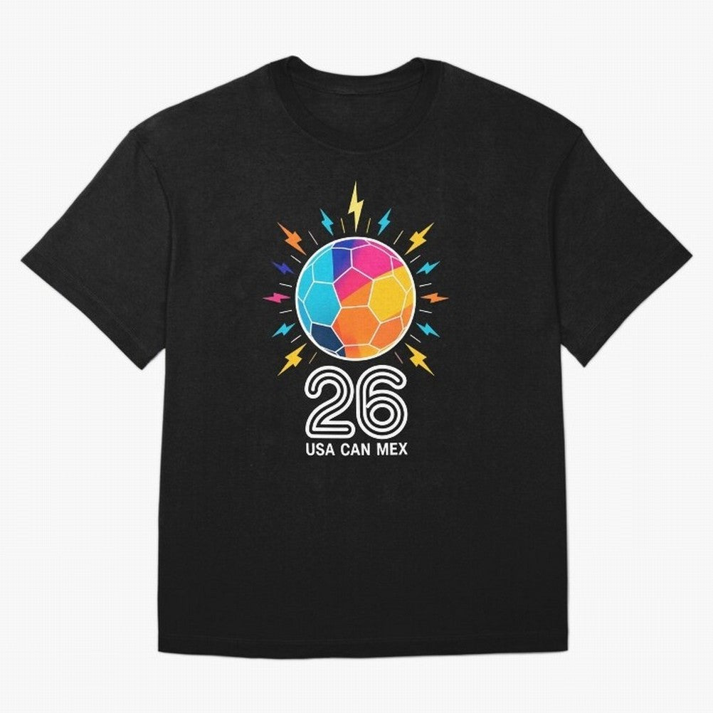 2026 Colorful Soccer Ball USA Canada Mexico 26 Oversized T-Shirt Bring Supporter Culture to Match Day Hype around FIFA World Cup 2026 USA Canada Mexico, Haaland and Mbappe, England, Worldwide Fan Energy, Dramatic Goals, Stadium Lights and