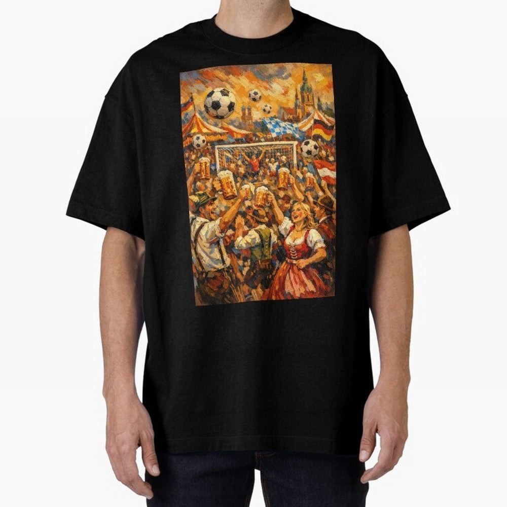 Festival Celebration with Soccer and Beer Oversized T-Shirt Celebrate the Stars of Global Football Passion for FIFA World Cup 2026 USA Canada Mexico, Inspired by Haaland, Spain, Vintage Soccer Flavor, Modern Football Stars, National Flags and Final
