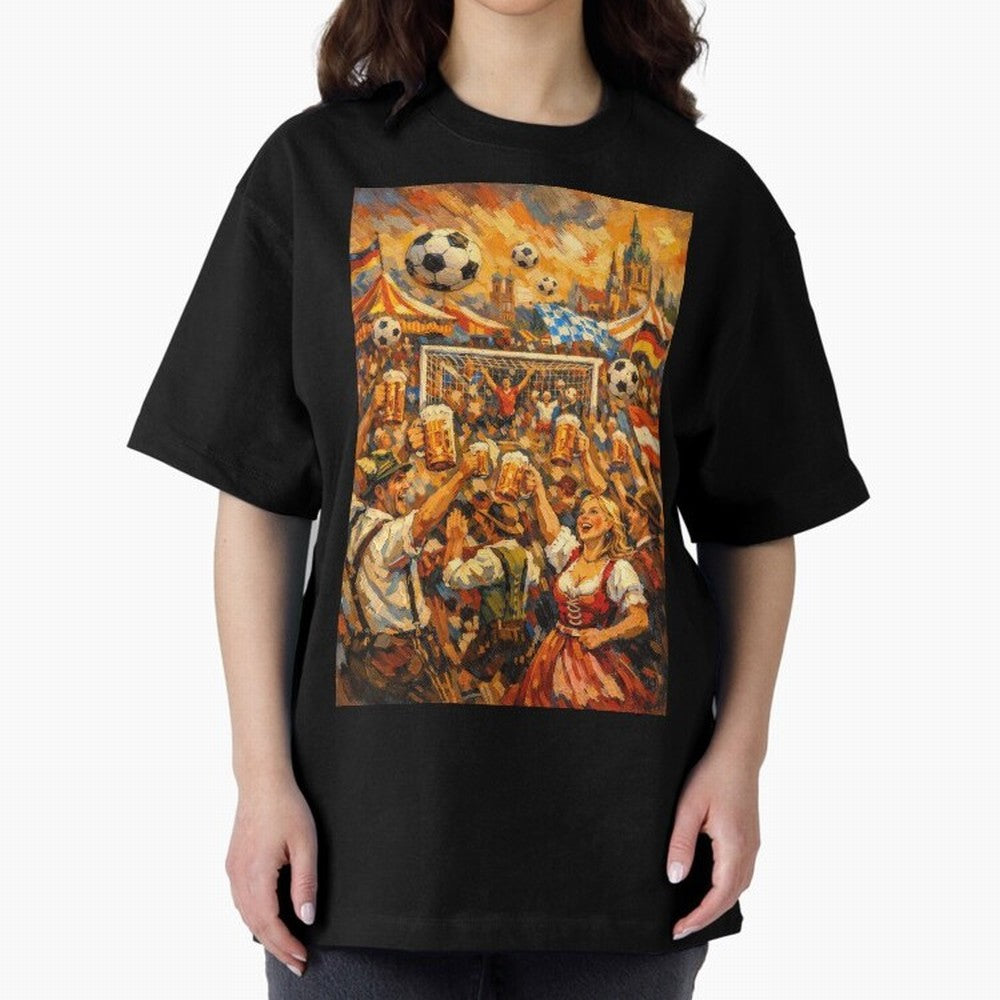 Festival Celebration with Soccer and Beer Oversized T-Shirt Celebrate the Stars of Global Football Passion for FIFA World Cup 2026 USA Canada Mexico, Inspired by Haaland, Spain, Vintage Soccer Flavor, Modern Football Stars, National Flags and Final