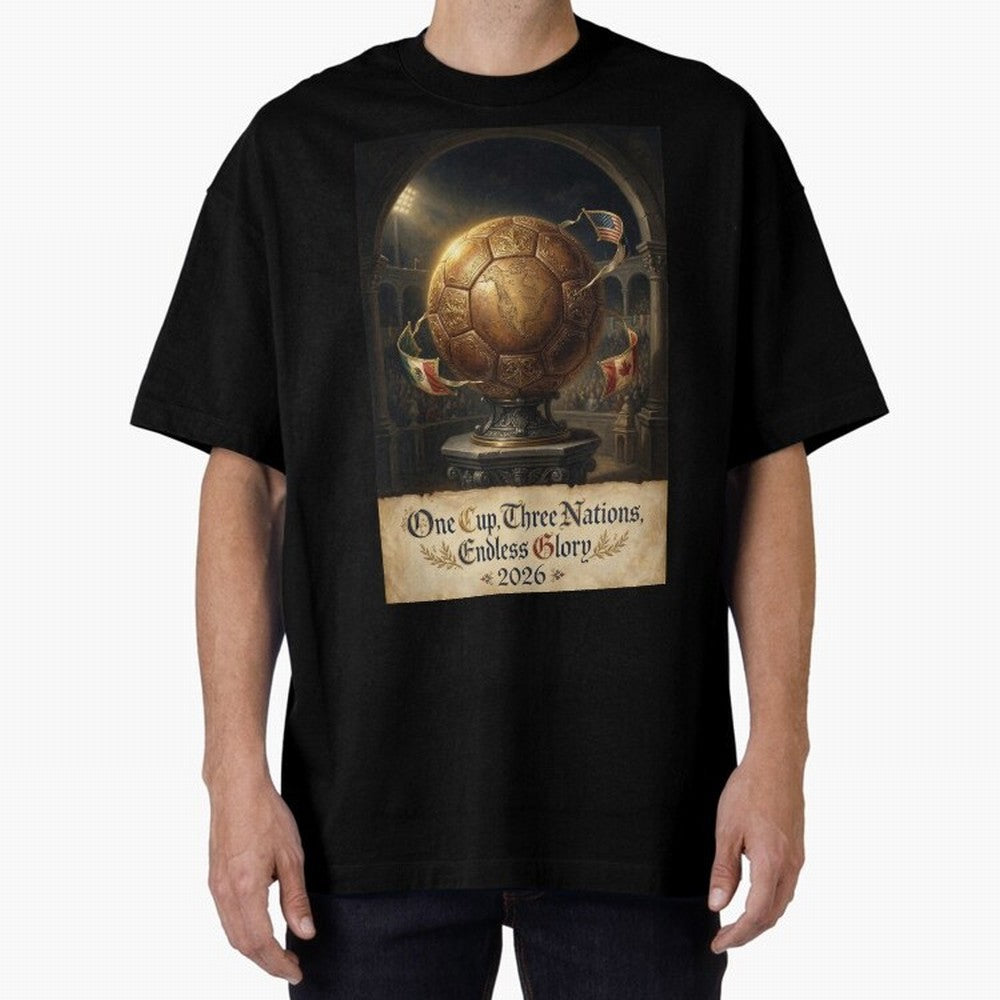 World Cup 2026 Emblem USA Canada Mexico Oversized T-Shirt Join the Global Buzz around Match Day Hype around FIFA World Cup 2026 USA Canada Mexico, Mbappe, Brazil, Portugal and Argentina, Vintage Soccer Flavor, Modern Football Stars, National Flags