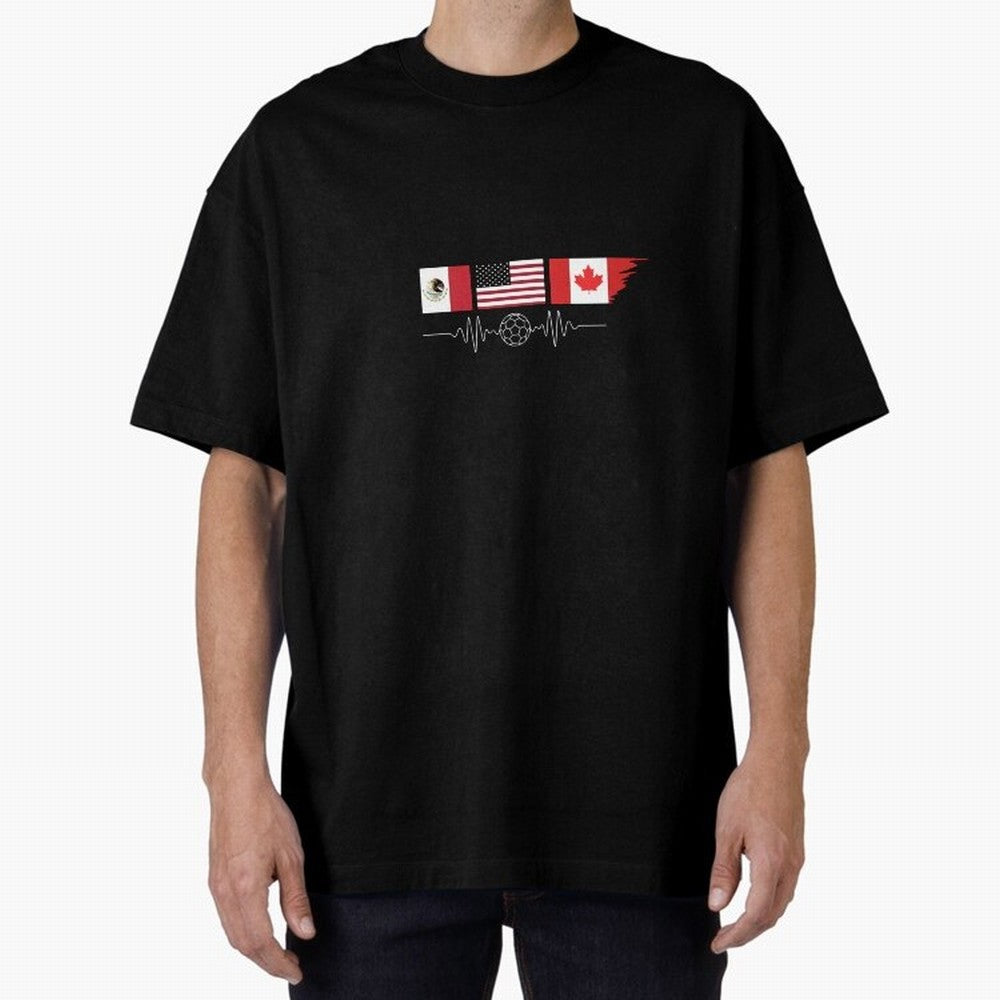 North America Soccer Heartbeat Flags 2026 Cup T-Shirt_82794888 Oversized T-Shirt Experience FIFA World Cup 2026 USA Canada Mexico for Fans of Cristiano Ronaldo, Haaland and CR7 and Spain and Netherlands, Bringing Goal Celebration Energy, Supporter