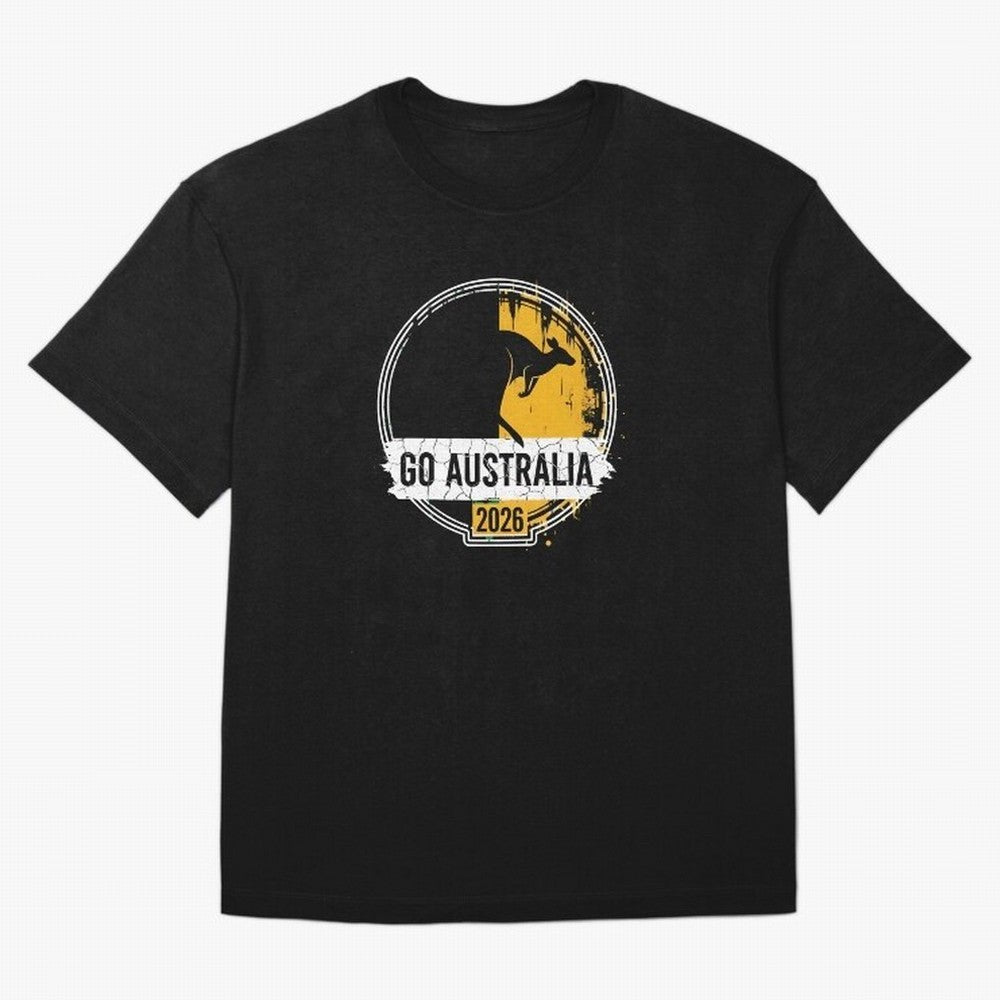 Golden Green Kangaroo Emblem Go Australia 2026 Supporter Design T-Shirt_83662099 Oversized T-Shirt Follow the Road to FIFA World Cup 2026 Group Stage Spirit, Built around France, Messi, Neymar and Mbappe, Championship Spirit, Famous Goals, Roaring