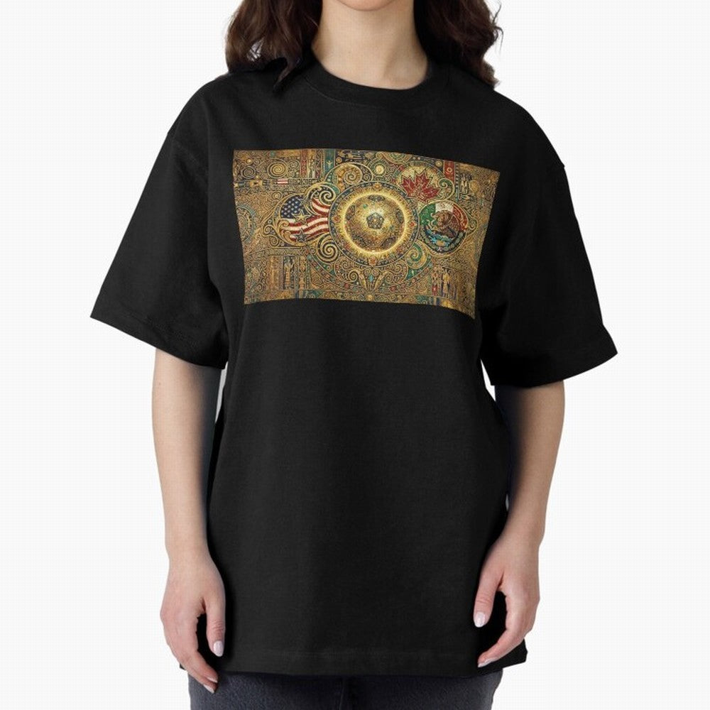 Ornate Soccer Emblem with Flags Oversized T-Shirt Cheer for FIFA World Cup 2026 Group Stage Highlighting Messi, CR7 and Mbappe, Argentina Energy, Supporter Pride, Iconic Celebrations, Legendary Names and Global Match Day Energy; Made for Collectors