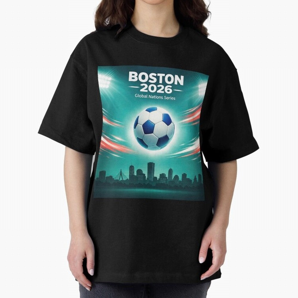 Boston 2026 Soccer Event Oversized T-Shirt Bring World Football Passion into Global Football Passion for FIFA World Cup 2026, Driven by Messi, CR7 and Mbappe, Portugal, Football Festival Excitement, Trophy Ambitions, Country Rivalries and Star