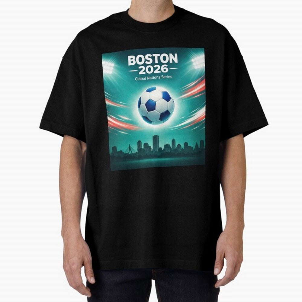 Boston 2026 Soccer Event Oversized T-Shirt Bring World Football Passion into Global Football Passion for FIFA World Cup 2026, Driven by Messi, CR7 and Mbappe, Portugal, Football Festival Excitement, Trophy Ambitions, Country Rivalries and Star