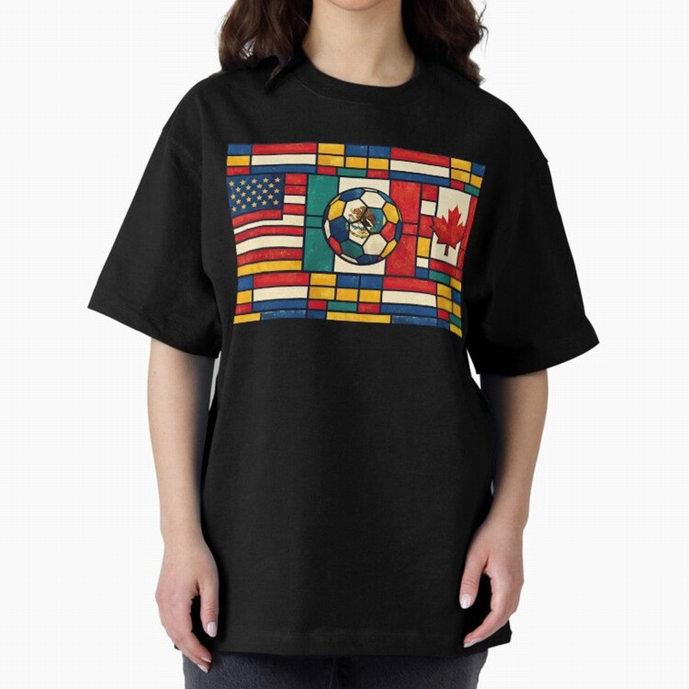 Elegant World Cup Stadiums Geometrical | Soccer Flags Mexico Canada USA Oversized T-Shirt Represent FIFA World Cup 2026 Built around Messi, Neymar and Mbappe, Portugal, Spain and Germany Energy, Match Day Excitement, Supporter Culture, Golden Goals
