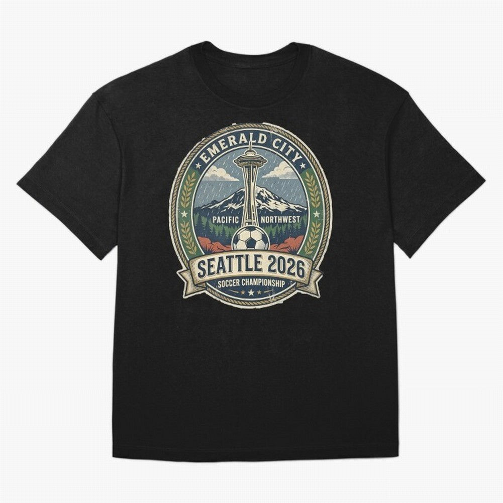 Seattle 2026 World Cup Host City Vintage Football Badge ¡ª Emerald City Space Needle Soccer Oversized T-Shirt Bring Legendary Rivalry Energy to the FIFA World Cup 2026 Journey through Messi, Neymar and Mbappe Highlights, Argentina and Brazil Pride,