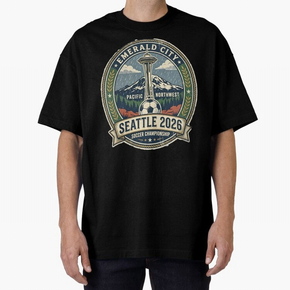 Seattle 2026 World Cup Host City Vintage Football Badge ¡ª Emerald City Space Needle Soccer Oversized T-Shirt Bring Legendary Rivalry Energy to the FIFA World Cup 2026 Journey through Messi, Neymar and Mbappe Highlights, Argentina and Brazil Pride,