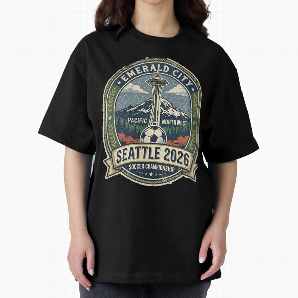 Seattle 2026 World Cup Host City Vintage Football Badge ¡ª Emerald City Space Needle Soccer Oversized T-Shirt Bring Legendary Rivalry Energy to the FIFA World Cup 2026 Journey through Messi, Neymar and Mbappe Highlights, Argentina and Brazil Pride,