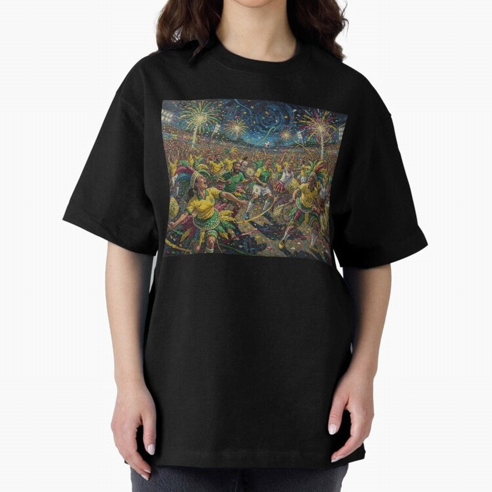 Celebration at Brazilian Football Match World Cup 2026 Vibes Oversized T-Shirt Support the Legends of FIFA World Cup 2026 with Messi and Cristiano Ronaldo, England Energy, Football Passion, Legendary Performances, Festival Vibes and Supporter