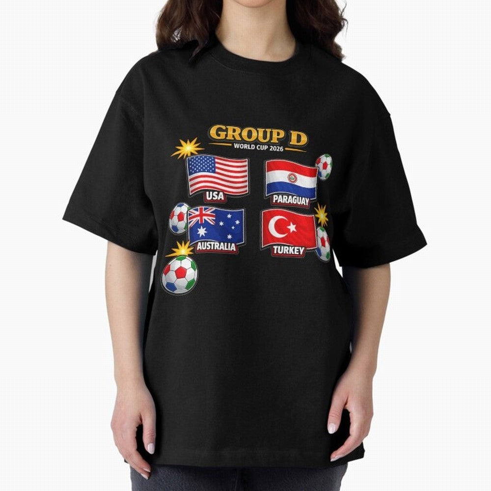 Group?D?¨C?World?Cup?2026?Flags Oversized T-Shirt Create Global Football Passion for FIFA World Cup 2026 Group Stage, Capturing Haaland and Mbappe, France, Goal Celebration Energy, Supporter Heritage, Football Icons and Worldwide Tournament Joy;