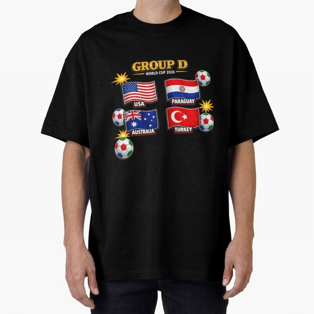 Group?D?¨C?World?Cup?2026?Flags Oversized T-Shirt Create Global Football Passion for FIFA World Cup 2026 Group Stage, Capturing Haaland and Mbappe, France, Goal Celebration Energy, Supporter Heritage, Football Icons and Worldwide Tournament Joy;