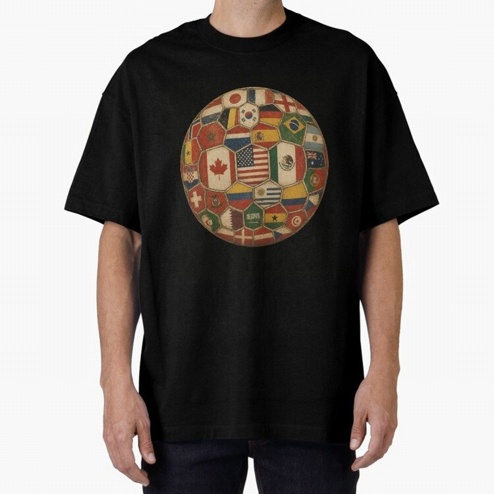 Vintage World Flags Soccer Ball,2026 International Football Graphic Gifts Tee Oversized T-Shirt Represent FIFA World Cup 2026 Celebrating Mbappe, Brazil Energy, Classic Soccer Heritage, Championship Pressure, Fan Loyalty and International Pride;