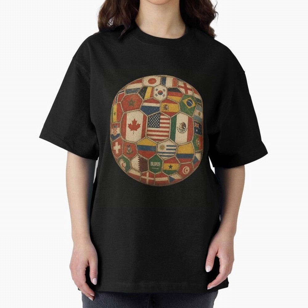 Vintage World Flags Soccer Ball,2026 International Football Graphic Gifts Tee Oversized T-Shirt Represent FIFA World Cup 2026 Celebrating Mbappe, Brazil Energy, Classic Soccer Heritage, Championship Pressure, Fan Loyalty and International Pride;