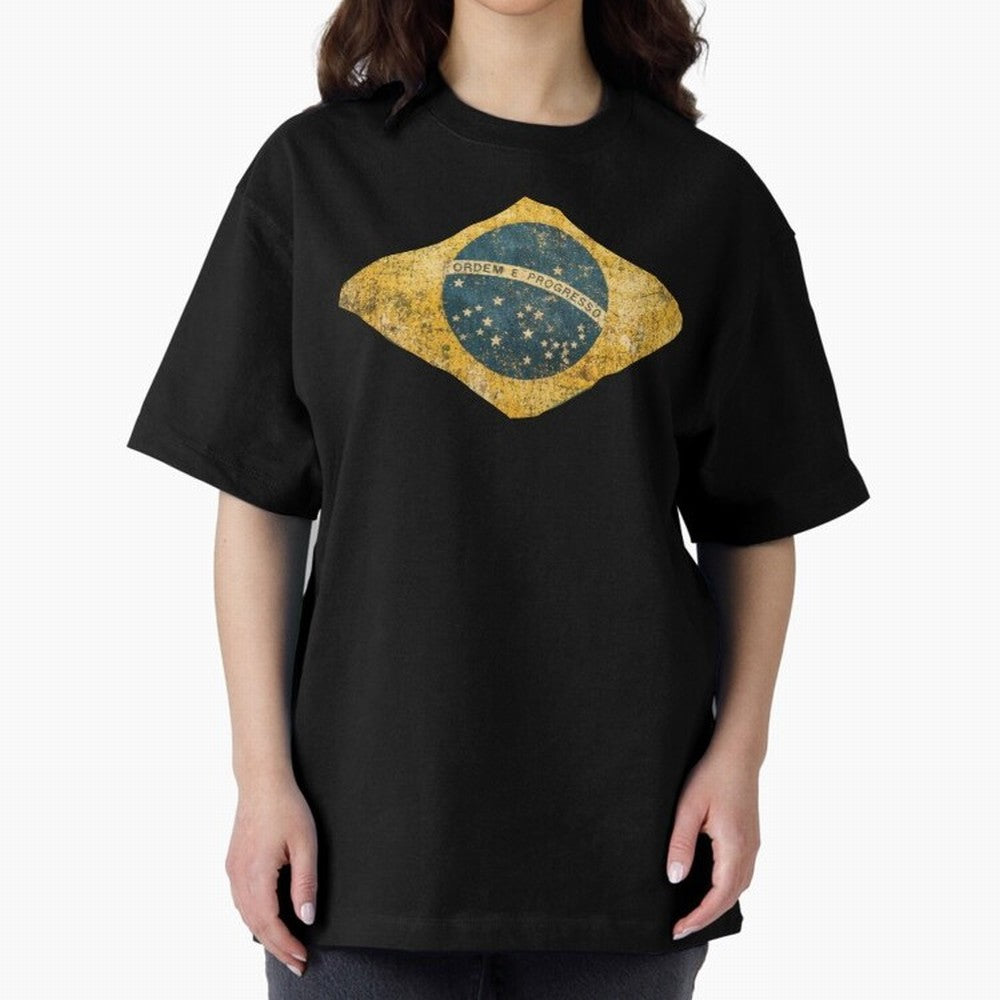 Vintage Brazil Flag Soccer Fan Design Oversized T-Shirt Join the Countdown to FIFA World Cup 2026 Spirit, Filled with Germany, Haaland, Fan Favorite Moments, National Team Passion, Big Match Drama and Soccer History; Built for Supporters Chasing