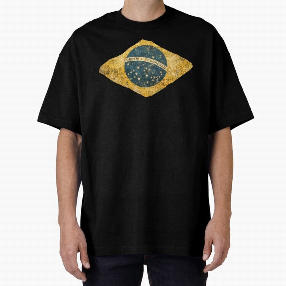 Vintage Brazil Flag Soccer Fan Design Oversized T-Shirt Join the Countdown to FIFA World Cup 2026 Spirit, Filled with Germany, Haaland, Fan Favorite Moments, National Team Passion, Big Match Drama and Soccer History; Built for Supporters Chasing