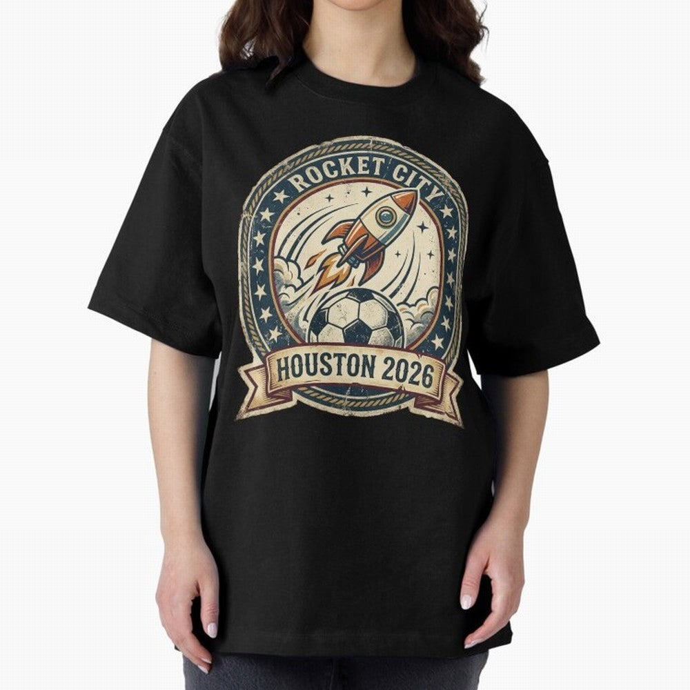 Houston 2026 World Cup Host City Vintage Football Badge ¡ª Rocket City Space Soccer Crest Design Oversized T-Shirt Make Every Match About Global Football Passion for FIFA World Cup 2026, Featuring Haaland and Mbappe, Netherlands, Match Day