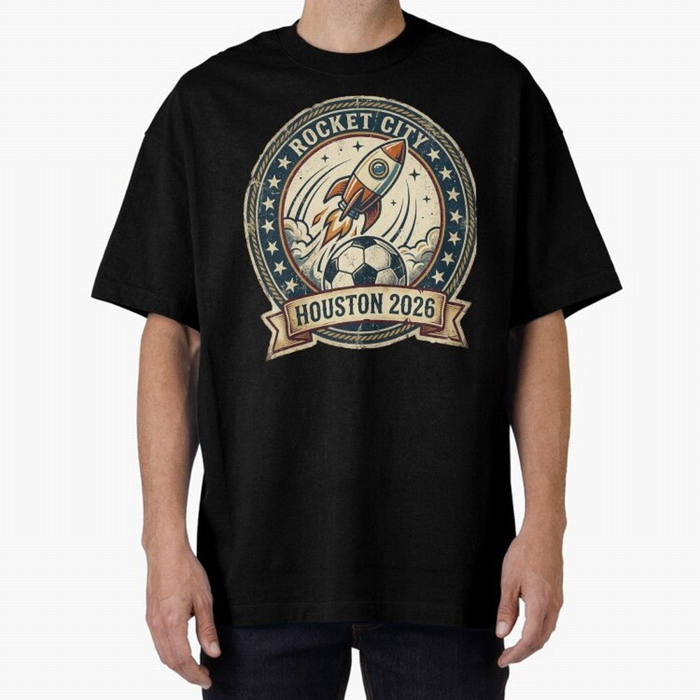 Houston 2026 World Cup Host City Vintage Football Badge ¡ª Rocket City Space Soccer Crest Design Oversized T-Shirt Make Every Match About Global Football Passion for FIFA World Cup 2026, Featuring Haaland and Mbappe, Netherlands, Match Day