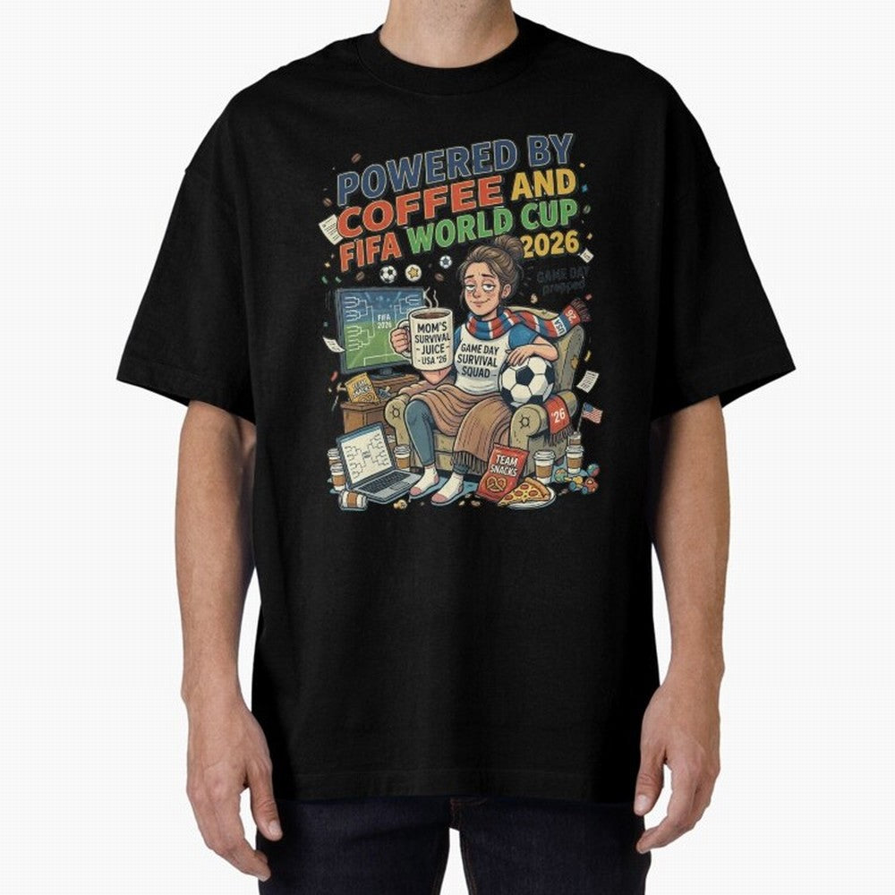 Soccer Mom Powered By Coffee And FIFA World Cup 2026 Funny USA Football Design Oversized T-Shirt Upgrade the FIFA World Cup 2026 Journey through Neymar Highlights, Netherlands Pride, Stadium Memories, Football Loyalty, International Chants and
