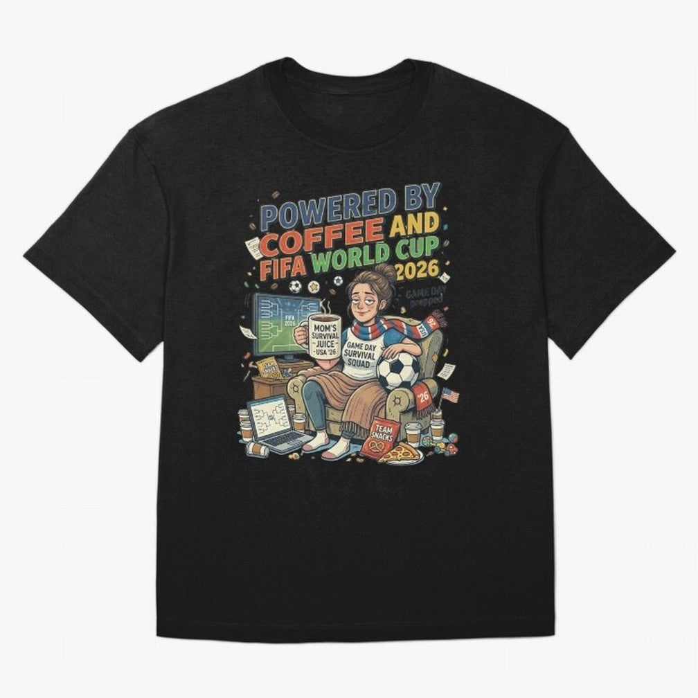 Soccer Mom Powered By Coffee And FIFA World Cup 2026 Funny USA Football Design Oversized T-Shirt Upgrade the FIFA World Cup 2026 Journey through Neymar Highlights, Netherlands Pride, Stadium Memories, Football Loyalty, International Chants and